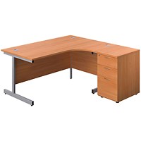 First 1600mm Corner Desk, Right Hand, Silver Cantilever Legs, Beech, With 3 Drawer Desk High Pedestal