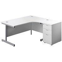 First 1600mm Corner Desk, Right Hand, Silver Cantilever Legs, White, With 3 Drawer Desk High Pedestal