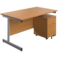 First 1600mm Rectangular Desk, Silver Cantilever Legs, Oak, With 2 Drawer Mobile Pedestal