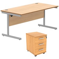 Astin 1600mm Rectangular Desk with 3 Drawer Mobile Pedestal, Silver Cantilever Legs, Beech