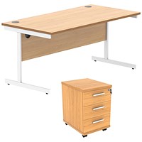 Astin 1600mm Rectangular Desk with 3 Drawer Mobile Pedestal, White Cantilever Legs, Beech