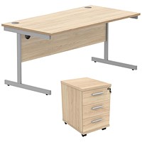 Astin 1600mm Rectangular Desk with 3 Drawer Mobile Pedestal, Silver Cantilever Legs, Oak