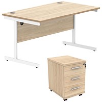 Astin 1600mm Rectangular Desk with 3 Drawer Mobile Pedestal, White Cantilever Legs, Oak