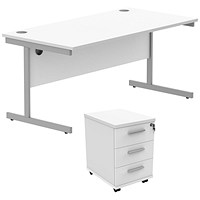 Astin 1600mm Rectangular Desk with 3 Drawer Mobile Pedestal, Silver Cantilever Legs, White