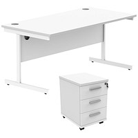 Astin 1600mm Rectangular Desk with 3 Drawer Mobile Pedestal, White Cantilever Legs, White