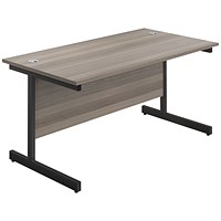 Jemini 1600mm Rectangular Desk, Black Single Upright Cantilever Legs, Grey Oak