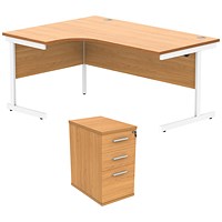 Astin 1600mm Corner Desk with 3 Drawer Desk High Pedestal, Left Hand, White Cantilever Leg, Beech