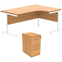 Astin 1600mm Corner Desk with 3 Drawer Desk High Pedestal, Right Hand, White Cantilever Leg, Beech