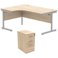 Astin 1600mm Corner Desk with 3 Drawer Desk High Pedestal, Left Hand, Silver Cantilever Leg, Oak