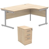 Astin 1600mm Corner Desk with 3 Drawer Desk High Pedestal, Right Hand, Silver Cantilever Leg, Oak