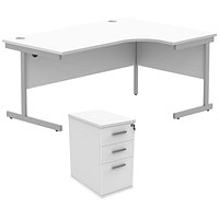 Astin 1600mm Corner Desk with 3 Drawer Desk High Pedestal, Right Hand, Silver Cantilever Leg, White