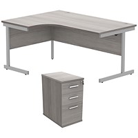 Astin 1600mm Corner Desk with 3 Drawer Desk High Pedestal, Left Hand, Silver Cantilever Leg, Grey Oak Astin 1600mm Corner Desk with 3 Drawer Desk High Pedestal, Left Hand, Silver Cantilever Leg, Grey Oak