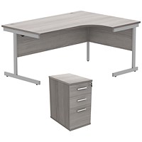 Astin 1600mm Corner Desk with 3 Drawer Desk High Pedestal, Right Hand, Silver Cantilever Leg, Grey Oak