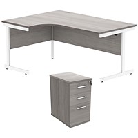 Astin 1600mm Corner Desk with 3 Drawer Desk High Pedestal, Left Hand, White Cantilever Leg, Grey Oak