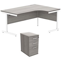 Astin 1600mm Corner Desk with 3 Drawer Desk High Pedestal, Right Hand, White Cantilever Leg, Grey Oak