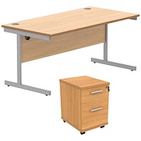 Astin 1600mm Rectangular Desk with 2 Drawer Mobile Pedestal, Silver Cantilever Legs, Beech
