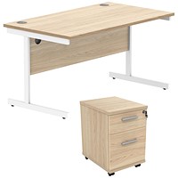 Astin 1600mm Rectangular Desk with 2 Drawer Mobile Pedestal, White Cantilever Legs, Oak