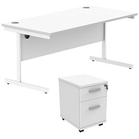 Astin 1600mm Rectangular Desk with 2 Drawer Mobile Pedestal, White Cantilever Legs, White