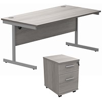 Astin 1600mm Rectangular Desk with 2 Drawer Mobile Pedestal, Silver Cantilever Legs, Grey Oak