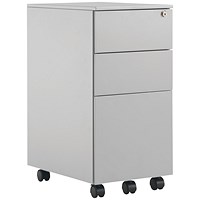 First 3 Drawer Slimline Steel Under Desk Pedestal, Silver