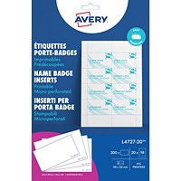 Avery Microperforated Printable Inserts 90mm x 54mm All Printers 200 Labels/20 sheet (Pack 200 Labels) - L4727-20