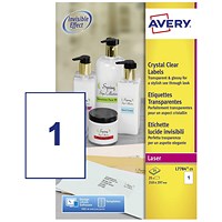 Avery Laser Label 210x297mm 1 Per A4 Sheet Crystal Clear (Pack 25 Labels) L7784-25