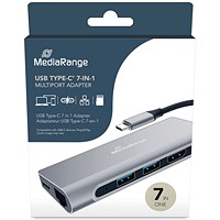 MediaRange USB Type-C Hub, 7-In-1 Multiport Adapter for USB-C Devices, Silver