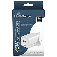MediaRange GaN Fast Charging Adapter UK Plug, 1xUSB-C and 1xUSB-A, 45W, White