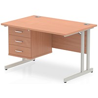 Impulse 1200mm Rectangular Office Desk With Fixed 3 Drawer Pedestal, Silver Cantilever Leg, Beech