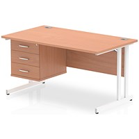 Impulse 1400mm Rectangular Office Desk With Fixed 3 Drawer Pedestal, White Cantilever Leg, Beech