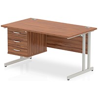 Impulse 1400mm Rectangular Office Desk With Fixed 3 Drawer Pedestal, Silver Cantilever Leg, Walnut