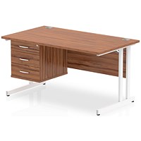 Impulse 1400mm Rectangular Office Desk With Fixed 3 Drawer Pedestal, White Cantilever Leg, Walnut