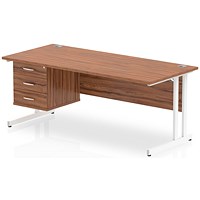 Impulse 1800mm Rectangular Office Desk With Fixed 3 Drawer Pedestal, White Cantilever Leg, Walnut