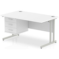 Impulse 1400mm Rectangular Office Desk With Fixed 3 Drawer Pedestal, Silver Cantilever Leg, White