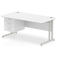 Impulse 1600mm Rectangular Office Desk With Fixed 3 Drawer Pedestal, Silver Cantilever Leg, White
