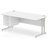 Impulse 1800mm Rectangular Office Desk With Fixed 3 Drawer Pedestal, Silver Cantilever Leg, White