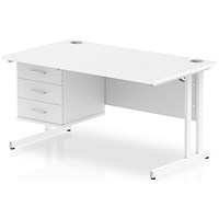 Impulse 1400mm Rectangular Office Desk With Fixed 3 Drawer Pedestal, White Cantilever Leg, White