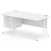Impulse 1600mm Rectangular Office Desk With Fixed 3 Drawer Pedestal, White Cantilever Leg, White