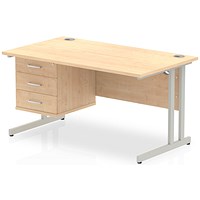 Impulse 1400mm Rectangular Office Desk With Fixed 3 Drawer Pedestal, Silver Cantilever Leg, Maple