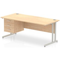Impulse 1800mm Rectangular Office Desk With Fixed 3 Drawer Pedestal, Silver Cantilever Leg, Maple