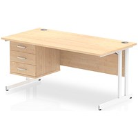 Impulse 1600mm Rectangular Office Desk With Fixed 3 Drawer Pedestal, White Cantilever Leg, Maple