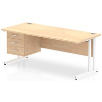 Impulse 1800mm Rectangular Office Desk With Fixed 3 Drawer Pedestal, White Cantilever Leg, Maple