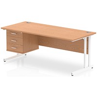 Impulse 1800mm Rectangular Office Desk With Fixed 3 Drawer Pedestal, White Cantilever Leg, Oak
