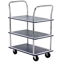 Barton 3 Shelf Trolley, Steel Frame, Capacity 120kg, Silver and Blue