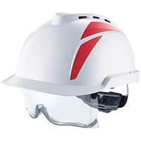 MSA V-Gard 930 Vented Helmet with Integrated Eye Protection, White & Red MSA V-Gard 930 Vented Helmet with Integrated Eye Protection, White & Red