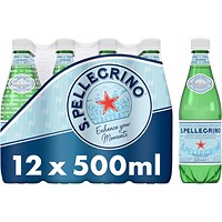 San Pellegrino Sparkling Water, Plastic Bottles, 500ml, Pack of 12