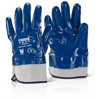 Beeswift Nitrile Safety Cuff Fully Coated Heavy Weight Gloves, Blue, Large, Pack of 10