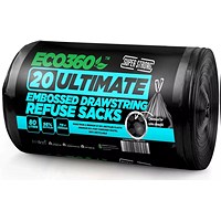Eco360 Ultimate Drawstring Refuse Sacks, 80 Litre, Black, Pack of 20