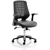 Relay Leather Operator Chair, Black Mesh Back, Black, With Folding Arms