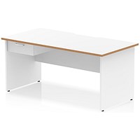 Oslo 1600 Scalloped and Wood Edge Rectangular Desk, Panel End Legs, White, With 1 Drawer Fixed Pedestal